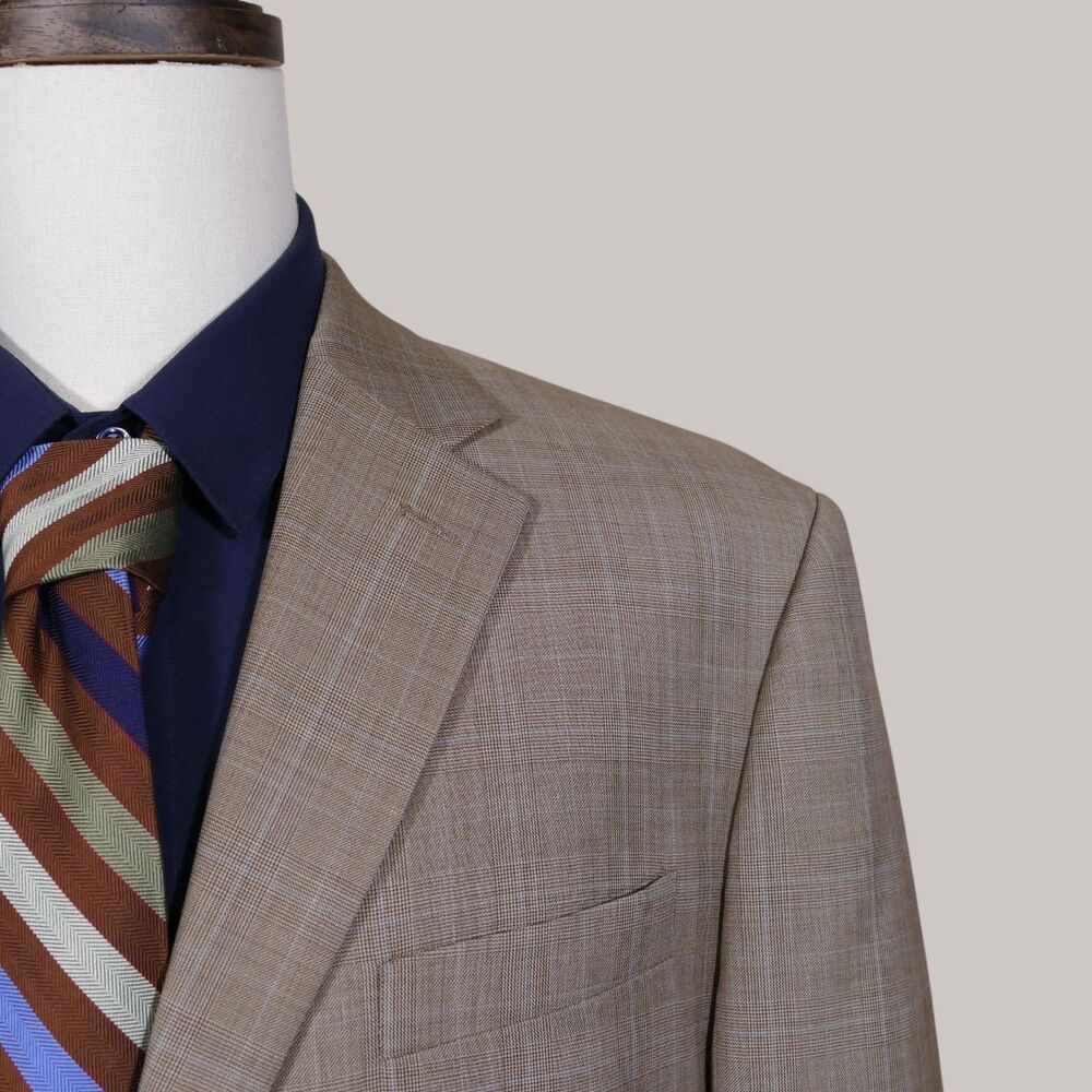Lauren Ralph Lauren Sport Coat Blazer Mens 46R Brown Beige Blue Plaid Two Button